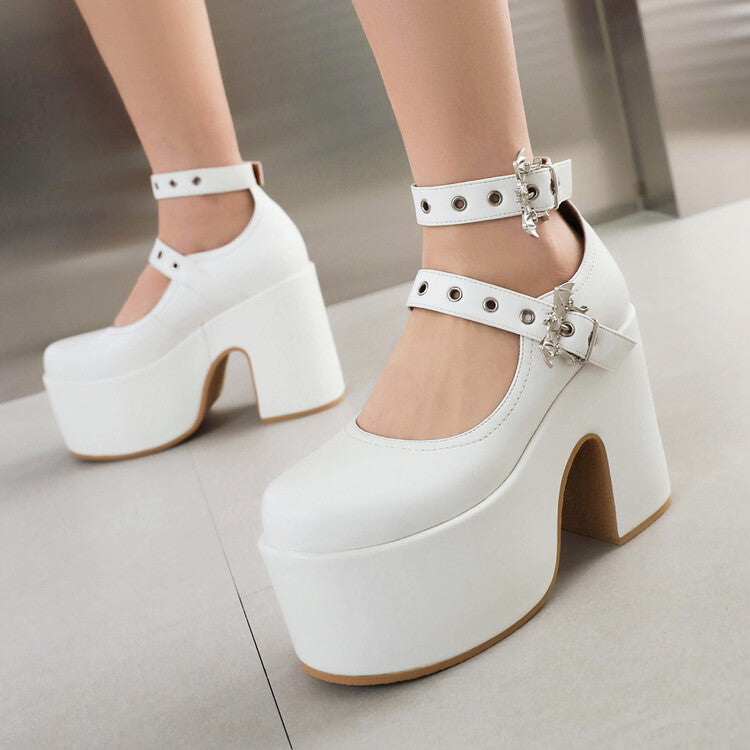 Buckle Block Heel Mary Jane Platform Pumps for Women