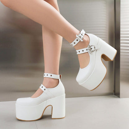 Buckle Block Heel Mary Jane Platform Pumps for Women