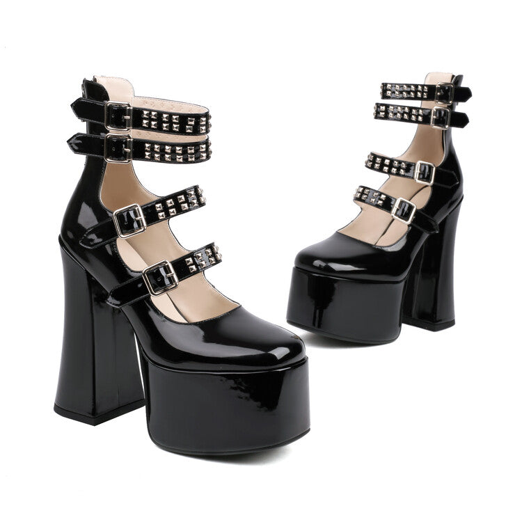 Square Toe Rivets Buckle Straps Block Heel Mary Jane Platform Pumps for Women