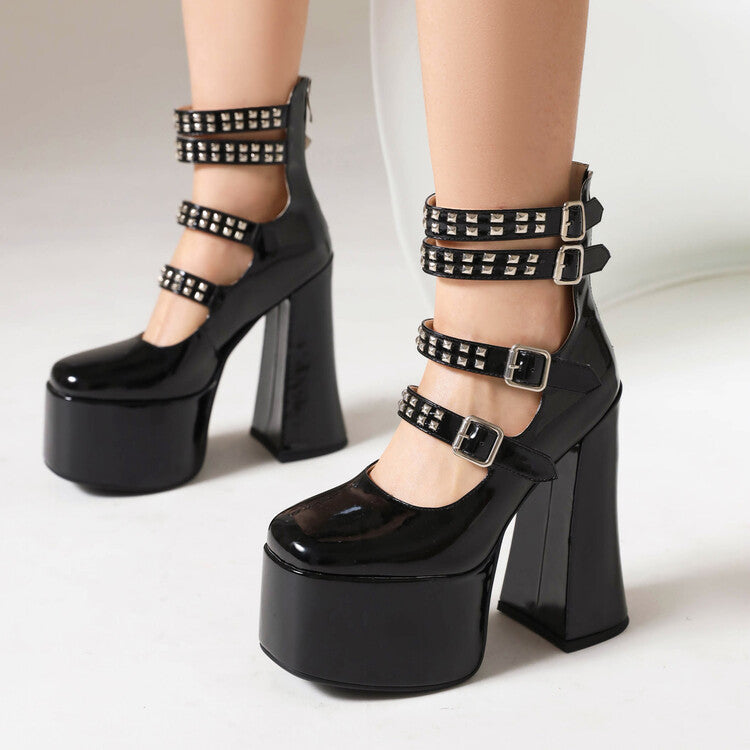 Square Toe Rivets Buckle Straps Block Heel Mary Jane Platform Pumps for Women