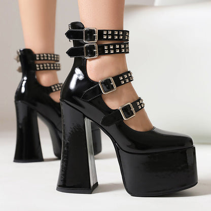 Square Toe Rivets Buckle Straps Block Heel Mary Jane Platform Pumps for Women