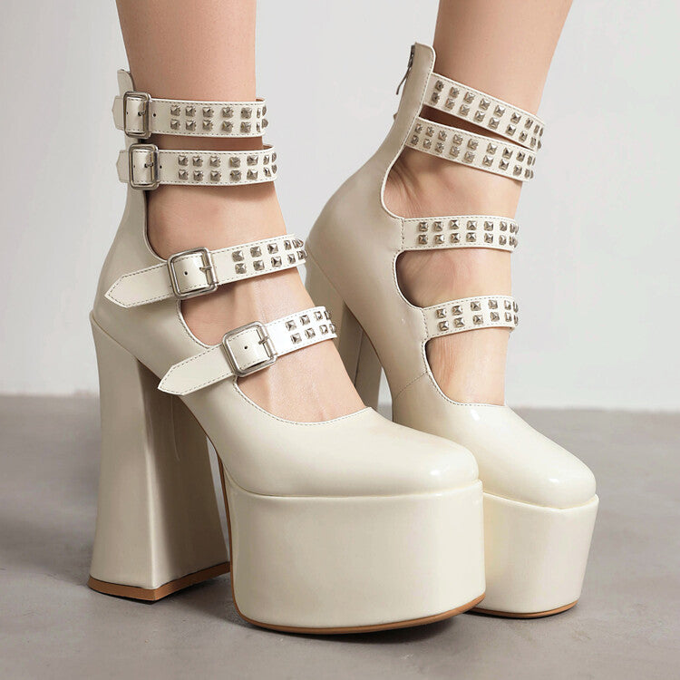 Square Toe Rivets Buckle Straps Block Heel Mary Jane Platform Pumps for Women