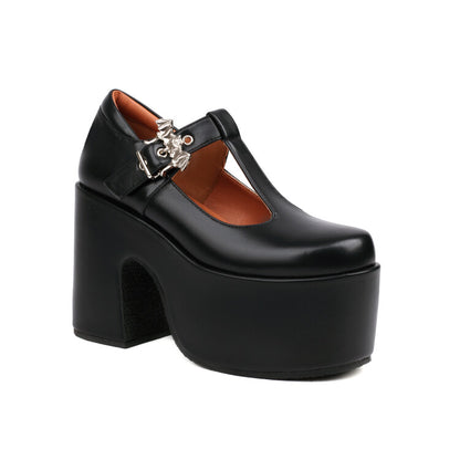 T Strap Buckle Straps Block Heel Mary Jane Platform Pumps for Women