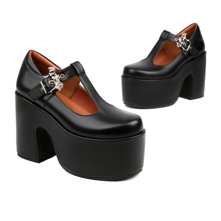 T Strap Buckle Straps Block Heel Mary Jane Platform Pumps for Women