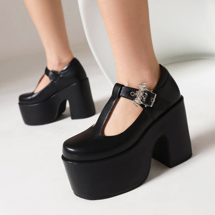 T Strap Buckle Straps Block Heel Mary Jane Platform Pumps for Women