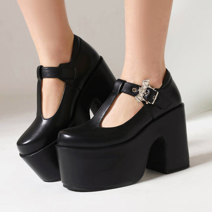 T Strap Buckle Straps Block Heel Mary Jane Platform Pumps for Women