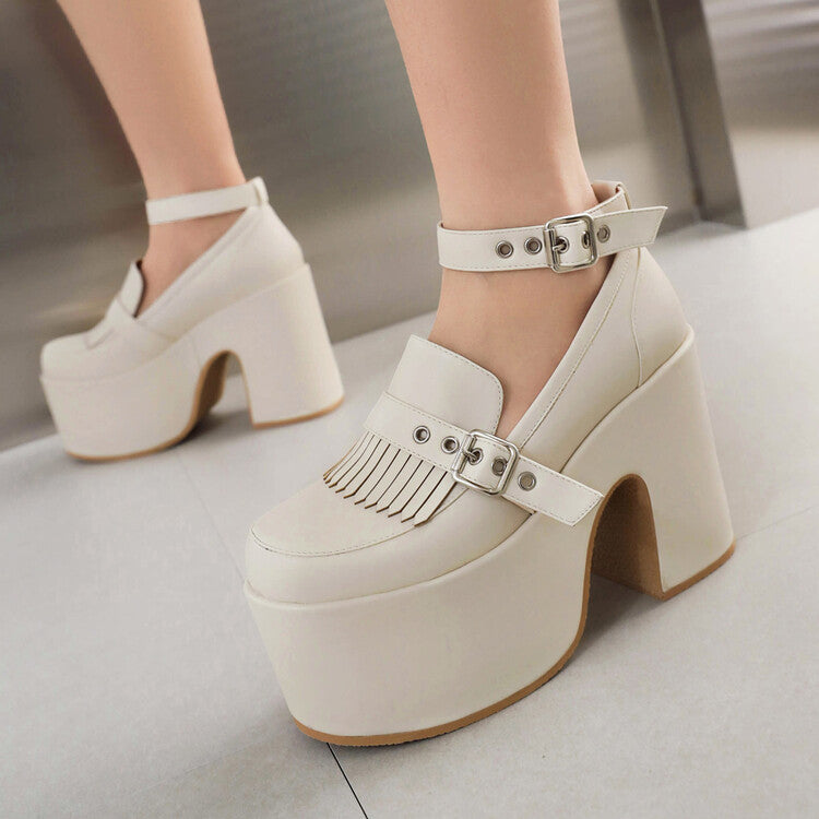 Tassel Buckle Ankle Strap Block Heel Platform Pumps for Women