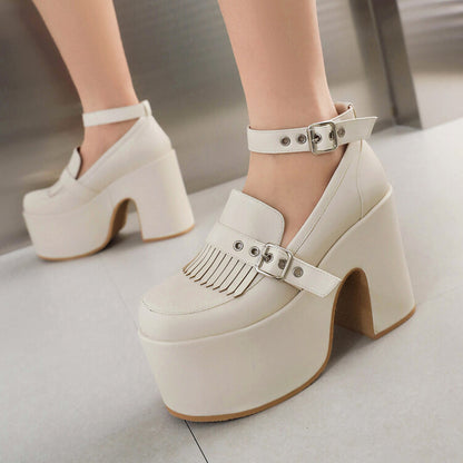 Tassel Buckle Ankle Strap Block Heel Platform Pumps for Women