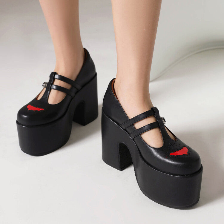 T Strap Embroidery Buckle Straps Block Heel Mary Jane Platform Pumps for Women