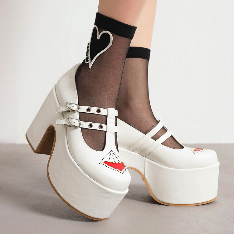 T Strap Embroidery Buckle Straps Block Heel Mary Jane Platform Pumps for Women