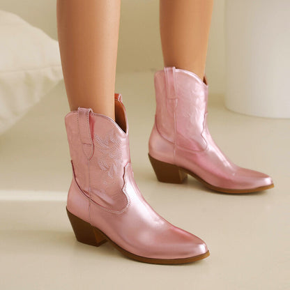 Pointed Toe Beveled Heel Mid Calf Western Boots for Women