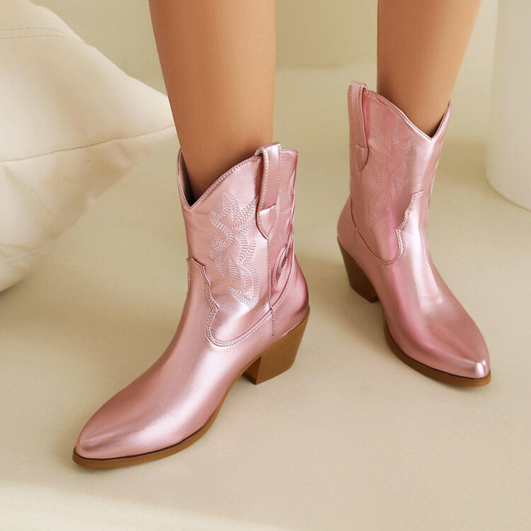 Pointed Toe Beveled Heel Mid Calf Western Boots for Women