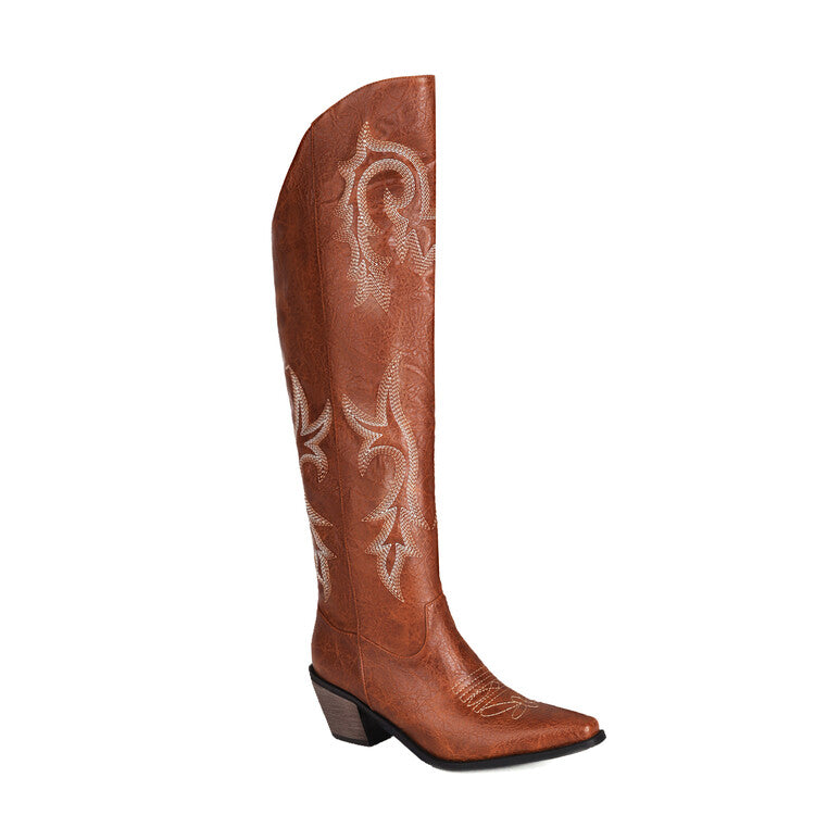 Cowboy Pointed Toe Beveled Heel Embroidery Knee High Western Boots for Women