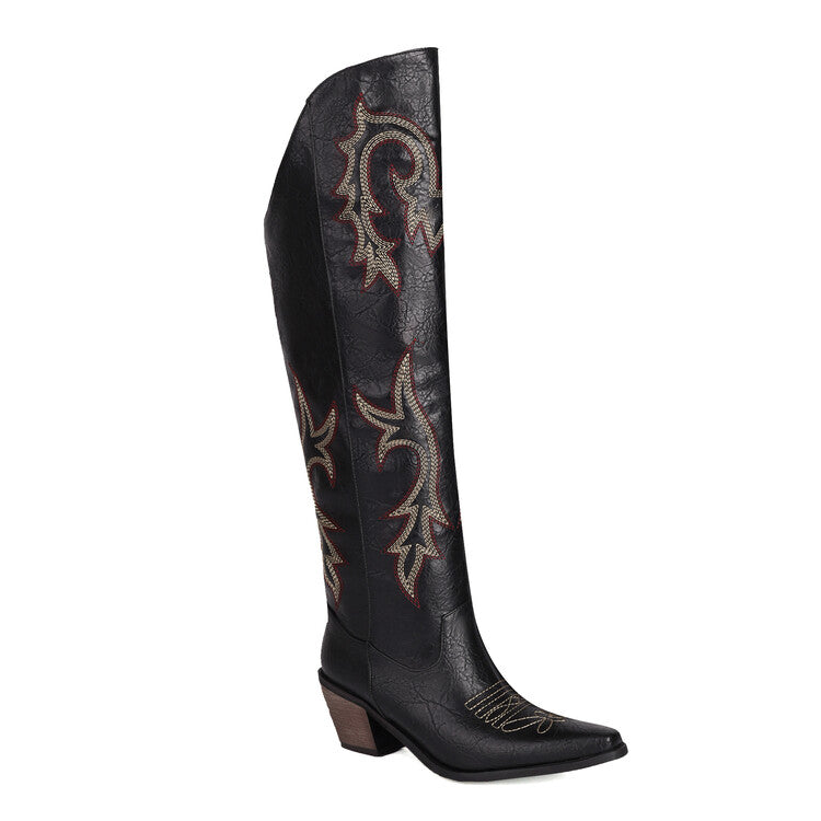 Cowboy Pointed Toe Beveled Heel Embroidery Knee High Western Boots for Women