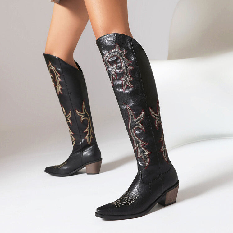 Cowboy Pointed Toe Beveled Heel Embroidery Knee High Western Boots for Women