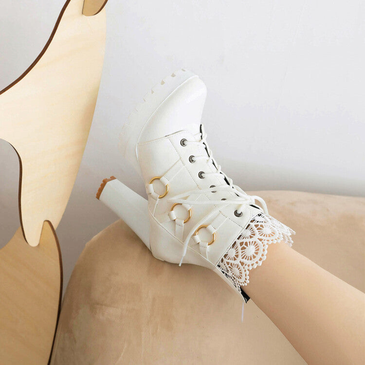 Booties Round Toe Lace-Up Lace Block Chunky Heel Platform Short Boots for Women