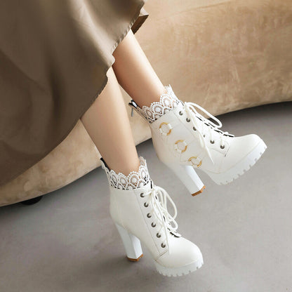 Booties Round Toe Lace-Up Lace Block Chunky Heel Platform Short Boots for Women