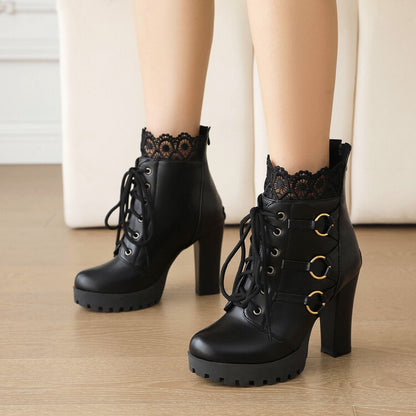 Booties Round Toe Lace-Up Lace Block Chunky Heel Platform Short Boots for Women