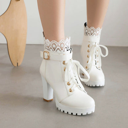 Booties Round Toe Lace Lace-Up Block Chunky Heel Platform Short Boots for Women