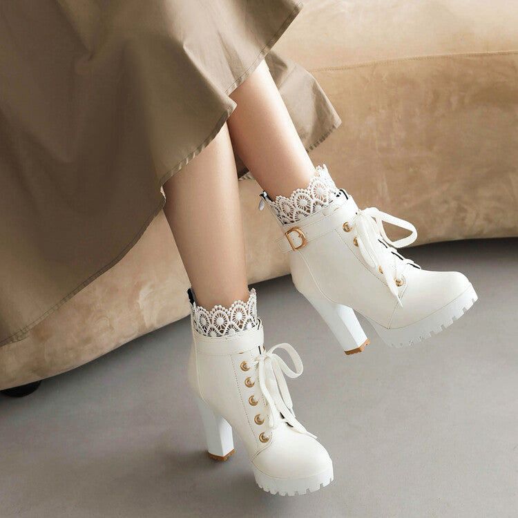 Booties Round Toe Lace Lace-Up Block Chunky Heel Platform Short Boots for Women