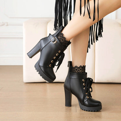 Booties Round Toe Lace Lace-Up Block Chunky Heel Platform Short Boots for Women