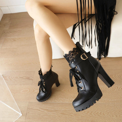 Booties Round Toe Lace Lace-Up Block Chunky Heel Platform Short Boots for Women