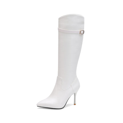 Pointed Toe Buckle Straps Stiletto Heel Zipper Knee High Boots for Women