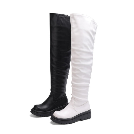 Round Toe Platform Wrinkled Over the Knee Boots for Women