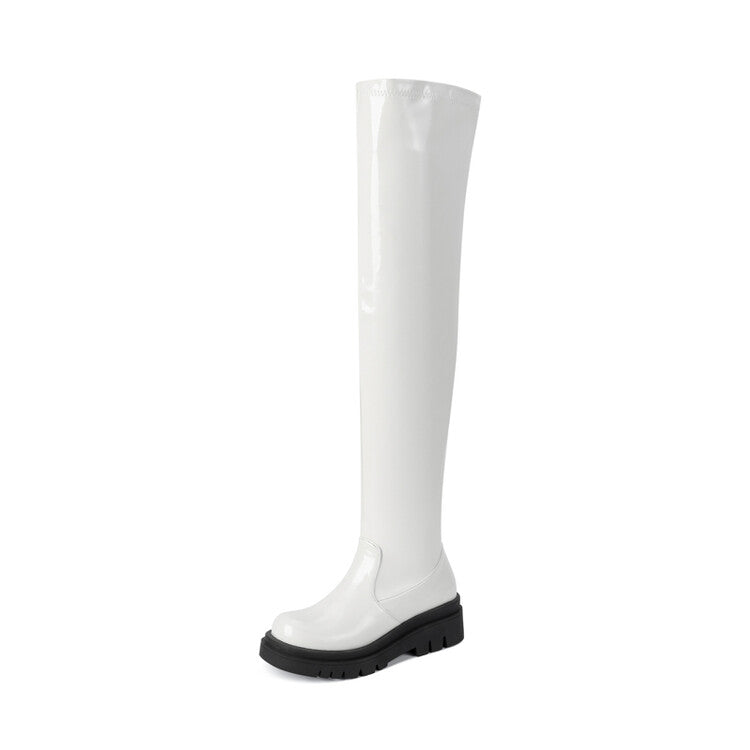 Glossy Round Toe Thick Heel Platform Over the Knee Boots for Women