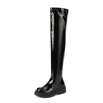 Glossy Round Toe Thick Heel Platform Over the Knee Boots for Women