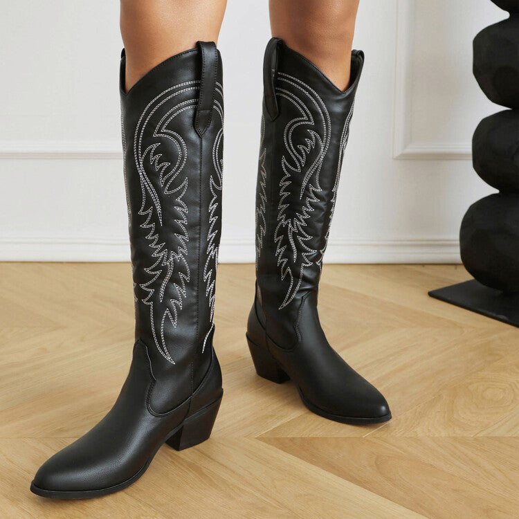 Pointed Toe Beveled Heel Mid Calf Western Boots for Women