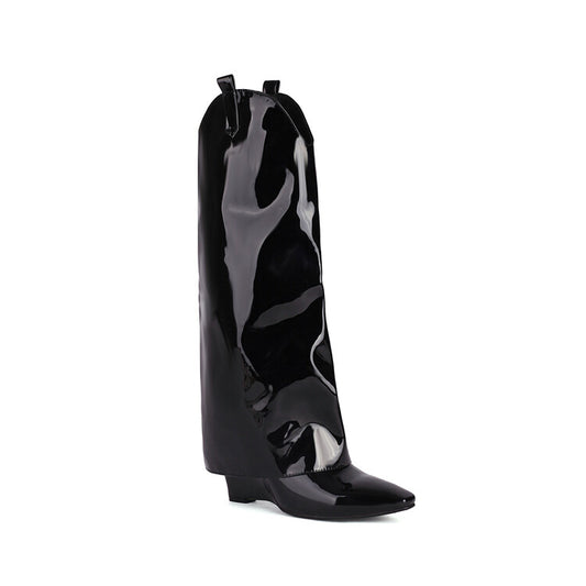 Fold Pointed Toe Wedge Heel Mid Calf Boots for Women