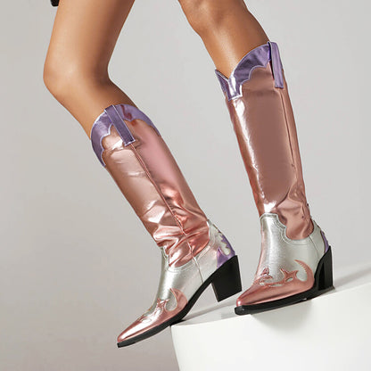 Pointed Toe Beveled Heel Glossy Mid Calf Western Boots for Women