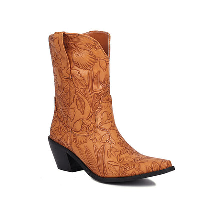 Cowboy Pointed Toe Beveled Heel Flowers Printed Mid Calf Western Boots for Women