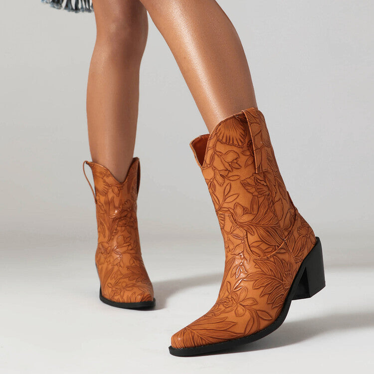 Cowboy Pointed Toe Beveled Heel Flowers Printed Mid Calf Western Boots for Women