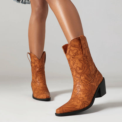 Cowboy Pointed Toe Beveled Heel Flowers Printed Mid Calf Western Boots for Women