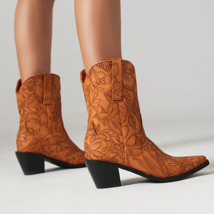 Cowboy Pointed Toe Beveled Heel Flowers Printed Mid Calf Western Boots for Women