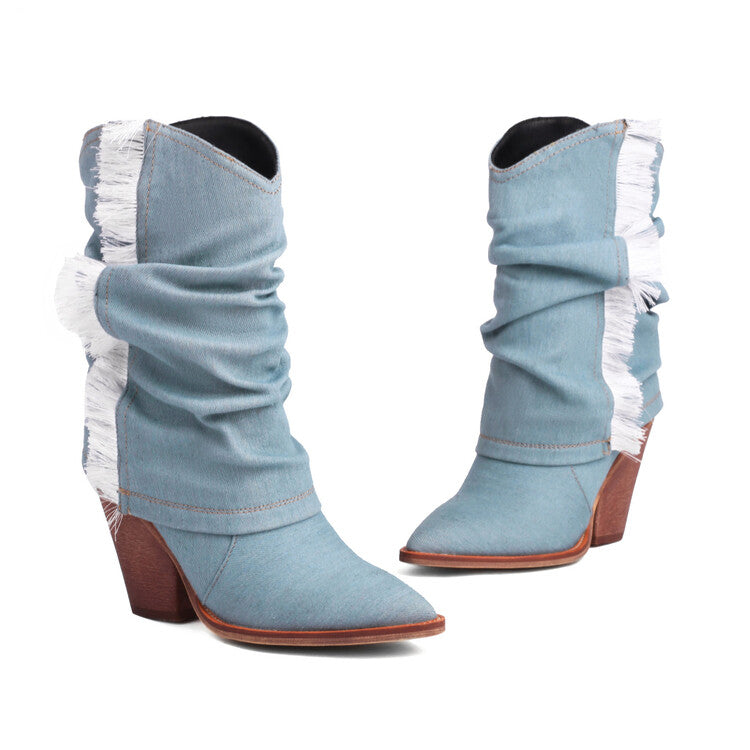 Western Cowboy Fold Pointed Toe Beveled Heel Mid-Calf Boots for Women