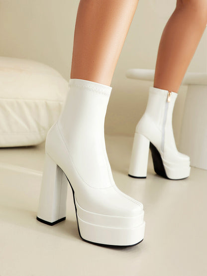 Booties Square Toe Side Zippers Chunky Heel Platform Short Boots for Women