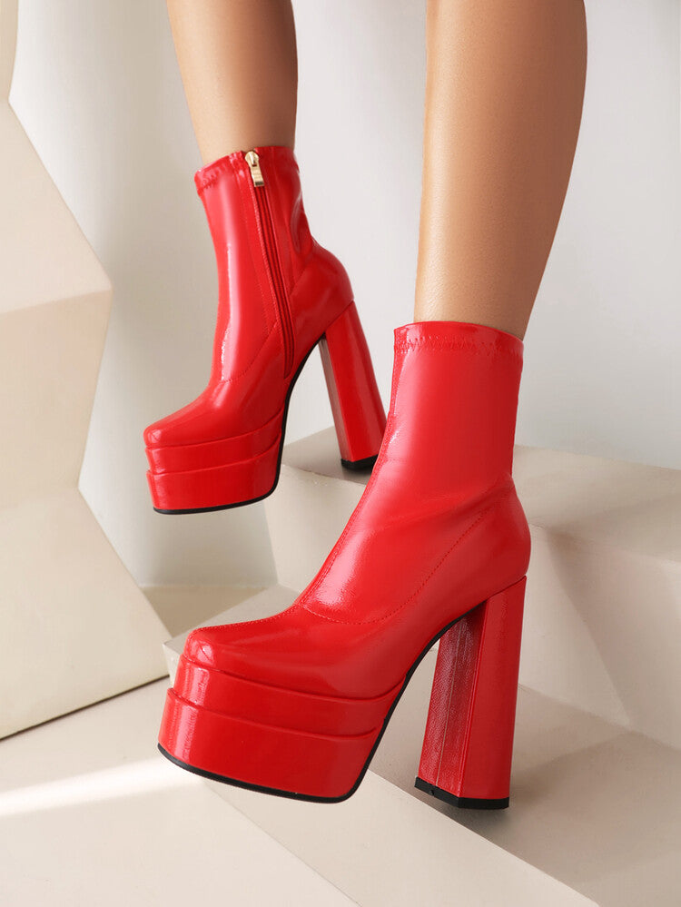 Booties Square Toe Side Zippers Chunky Heel Platform Short Boots for Women