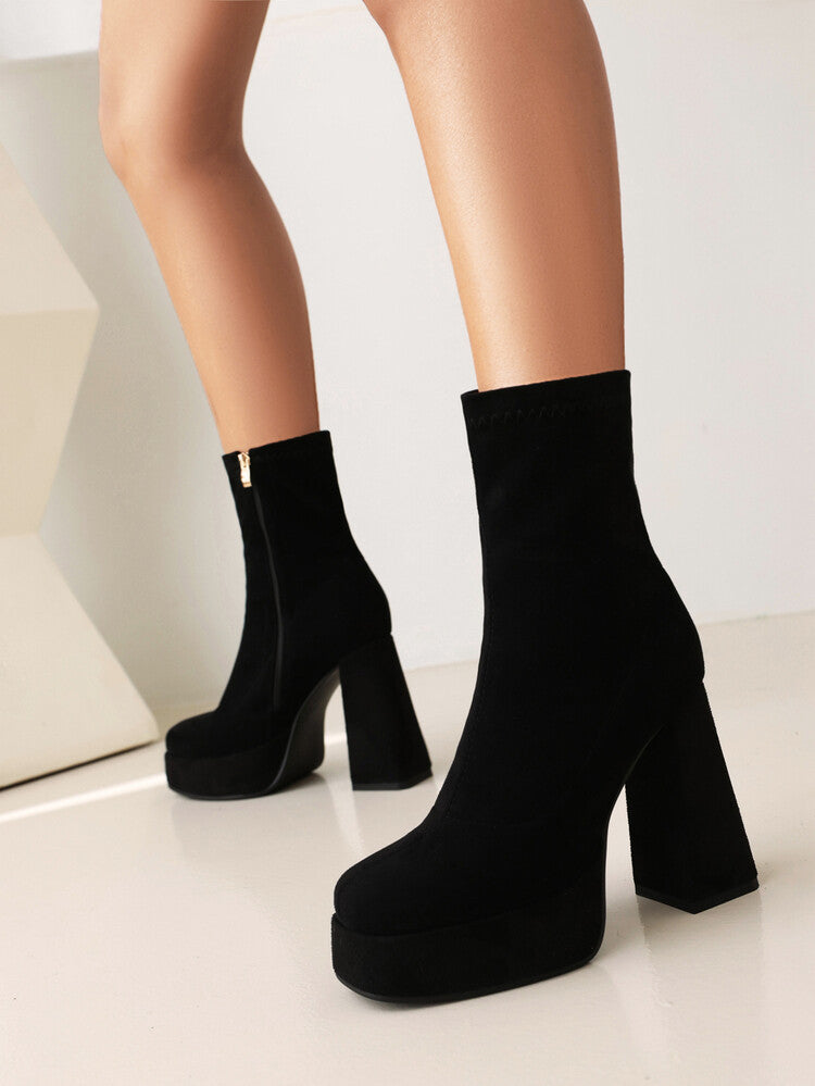 Booties Square Toe Side Zippers Chunky Heel Platform Short Boots for Women