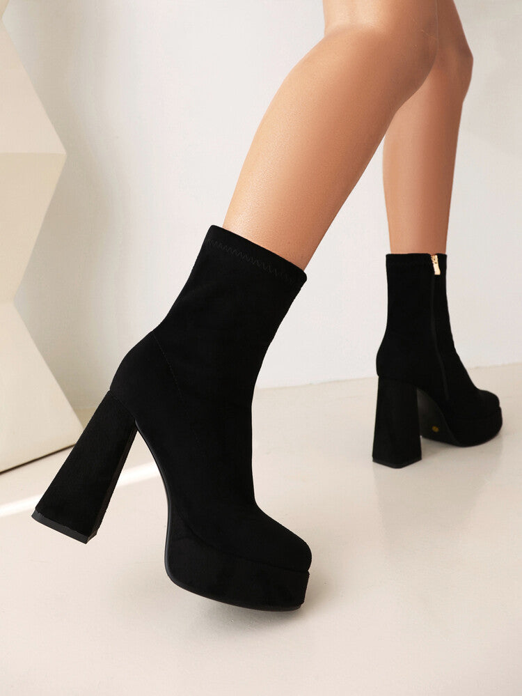 Booties Square Toe Side Zippers Chunky Heel Platform Short Boots for Women