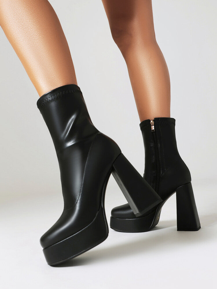 Booties Square Toe Side Zippers Chunky Heel Platform Short Boots for Women