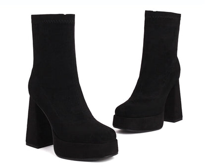 Booties Square Toe Side Zippers Chunky Heel Platform Short Boots for Women