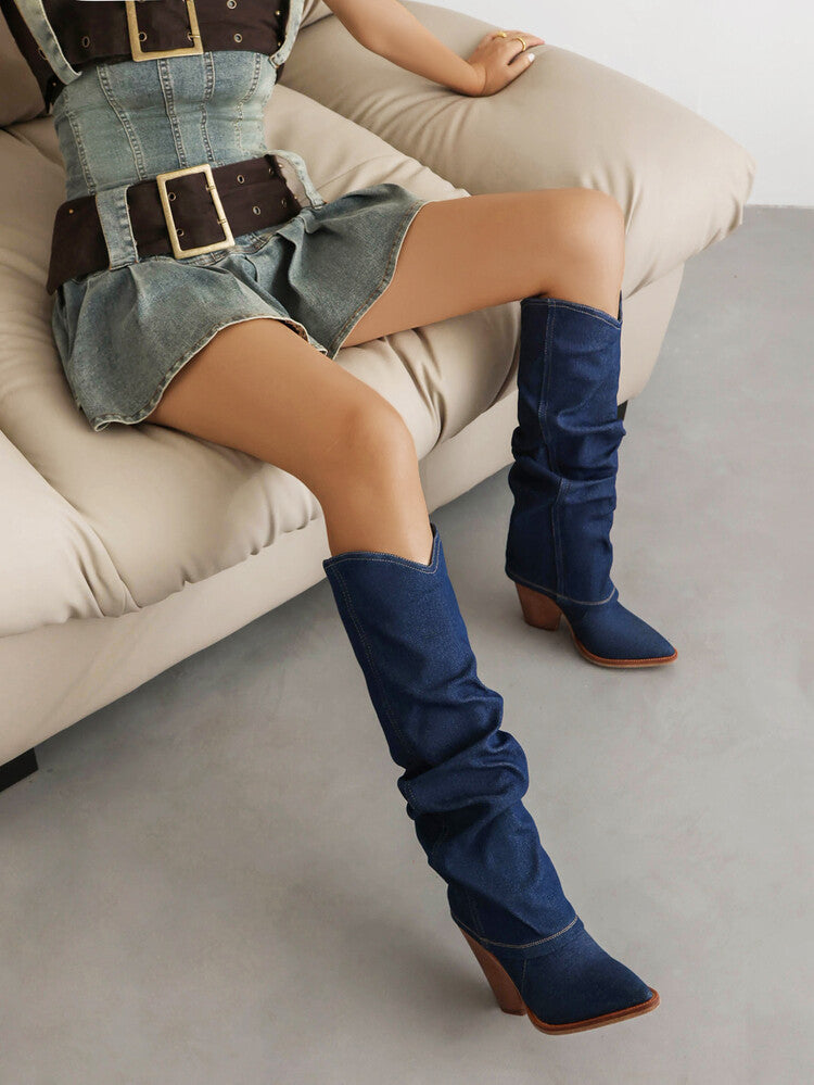 Western Cowboy Fold Pointed Toe Beveled Heel Knee High Boots for Women