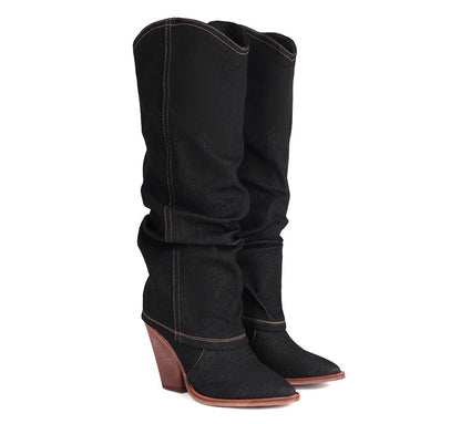 Western Cowboy Fold Pointed Toe Beveled Heel Knee High Boots for Women