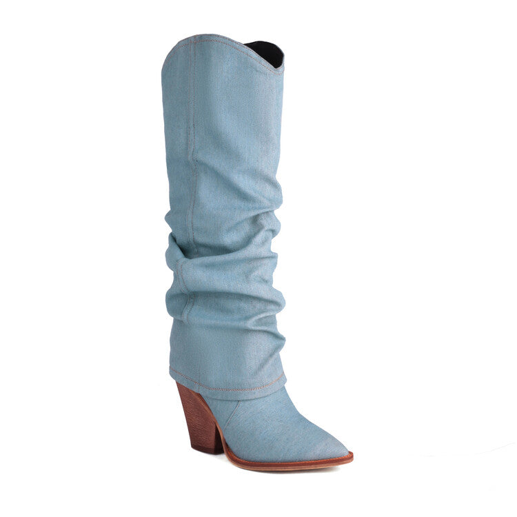 Western Cowboy Fold Pointed Toe Beveled Heel Knee High Boots for Women