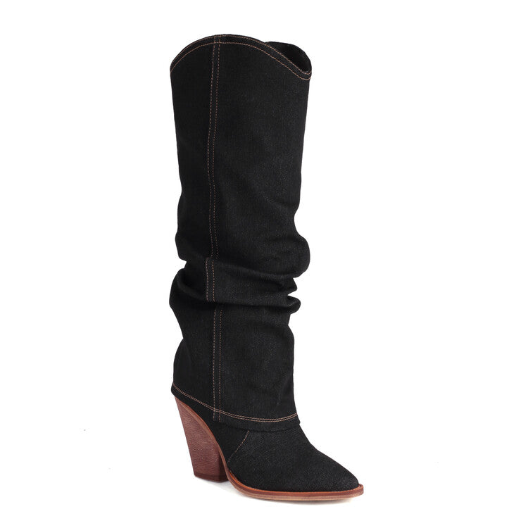 Western Cowboy Fold Pointed Toe Beveled Heel Knee High Boots for Women