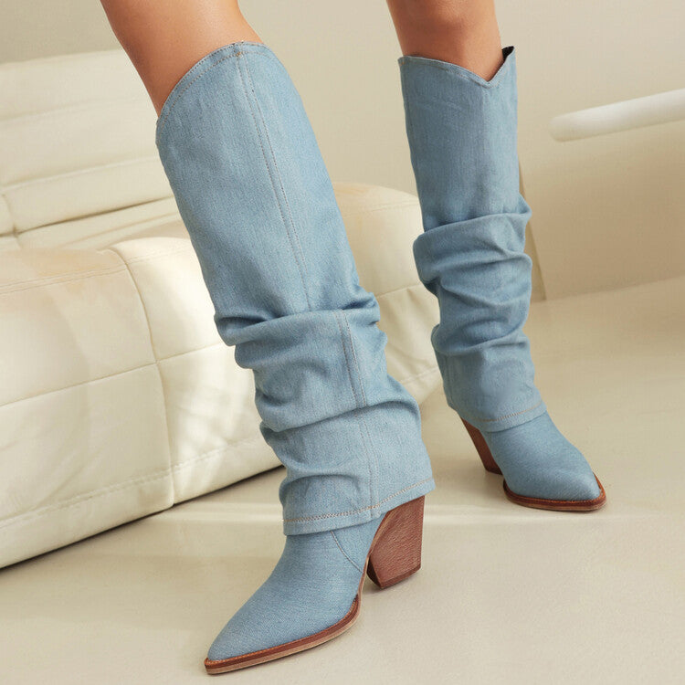 Western Cowboy Fold Pointed Toe Beveled Heel Knee High Boots for Women