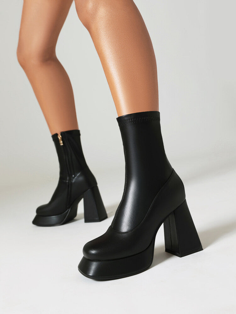 Booties Flowers Prints Block Chunky Heel Platform Ankle Boots for Women